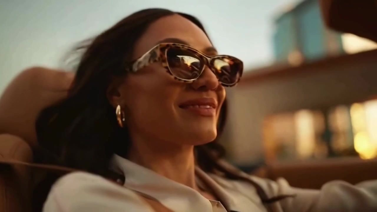 Donna elegante alla guida di una decappottabile attraverso una città al tramonto