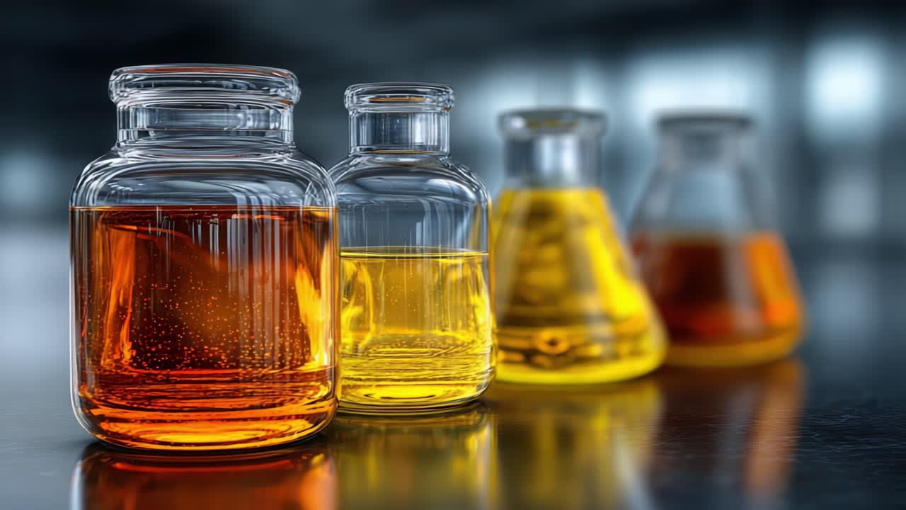 Et utvalg fargerikt laboratorieglass fylt med levende væsker, utstilt på en reflekterende overflate, som viser skjønnheten i kjemi og vitenskapens estetikk.
