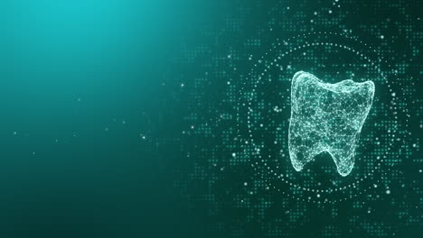 rotating holographic 3d image of a tooth with glowing dots and plexus lines. abstract medical dental green looped background.