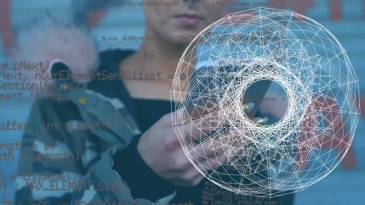 스마트폰을 사용하는 백인 여성에 대한 데이터 처리 및 모양의 애니메이션