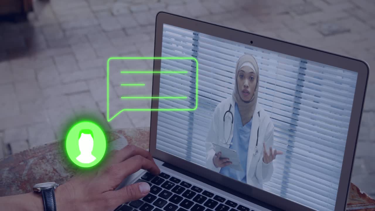 Animation of social media icon and data processing over asian man using laptop on video call