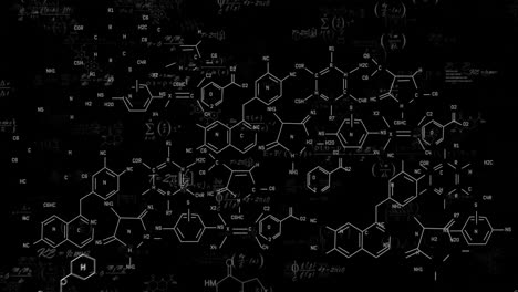 chemical formulas and molecular structures animation over black background