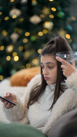 teenager sitting on a couch, looking at a phone, with a cocktail glass, during christmas