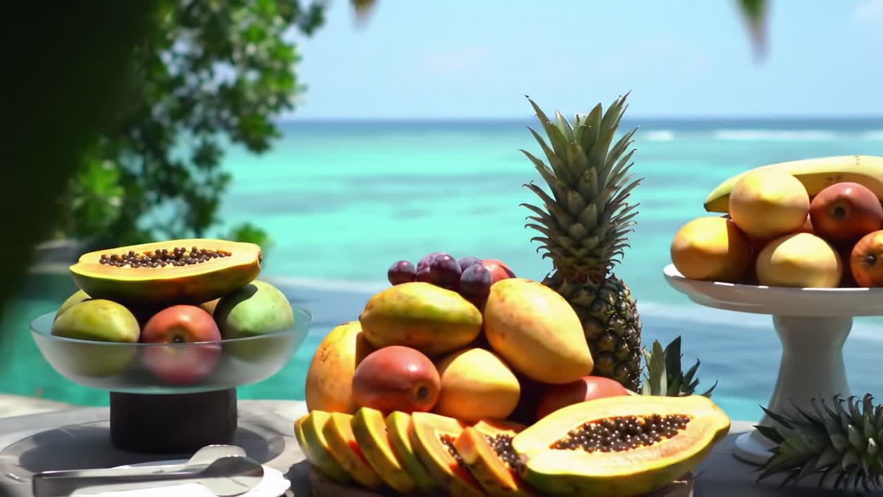 A Vibrant Display of Fresh Tropical Fruits Against a Scenic Ocean Backdrop, Featuring Papayas, Pineapples, and Exotic Mangoes Perfect for a Refreshing Summer Feast