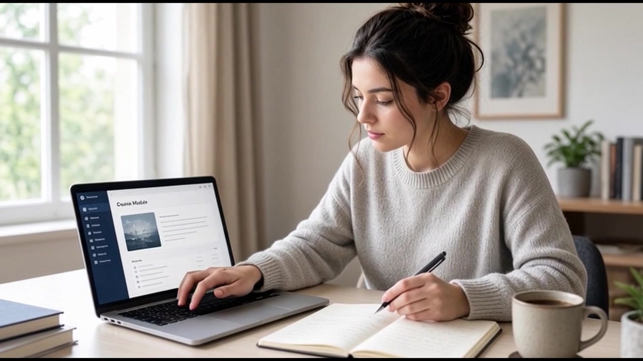Young Woman Studying Online Course on Laptop at Home
