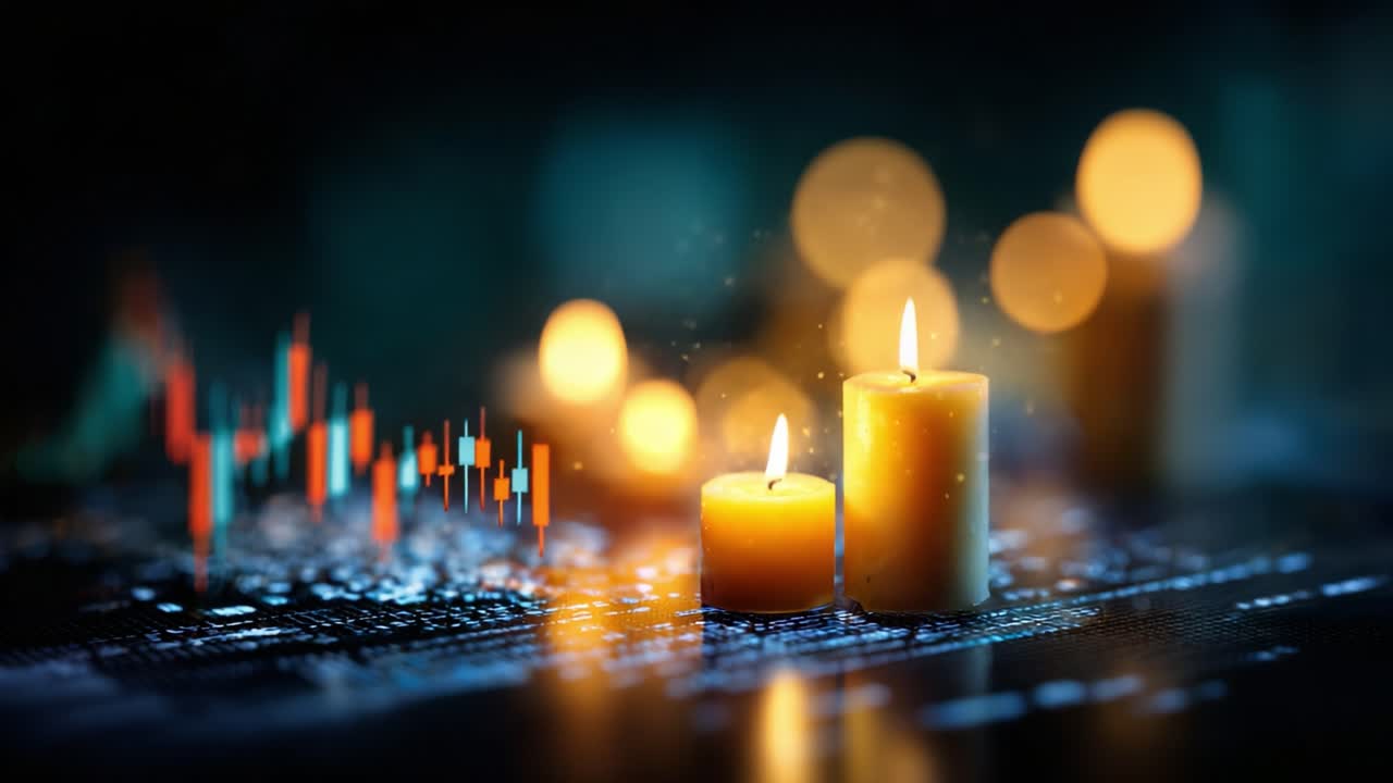 Una scena tranquilla e invitante di candele tremolanti in un contesto creativo con intricati motivi di luce e delicati elementi finanziari, che evoca un senso di calore e riflessione