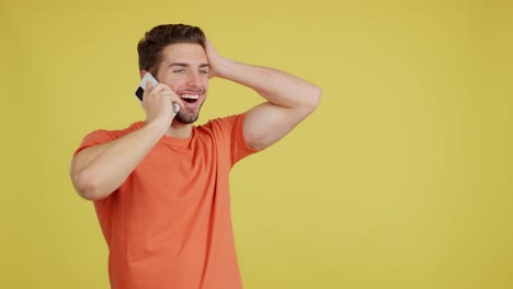 Man with various expressions talking on a smartphone against a yellow background