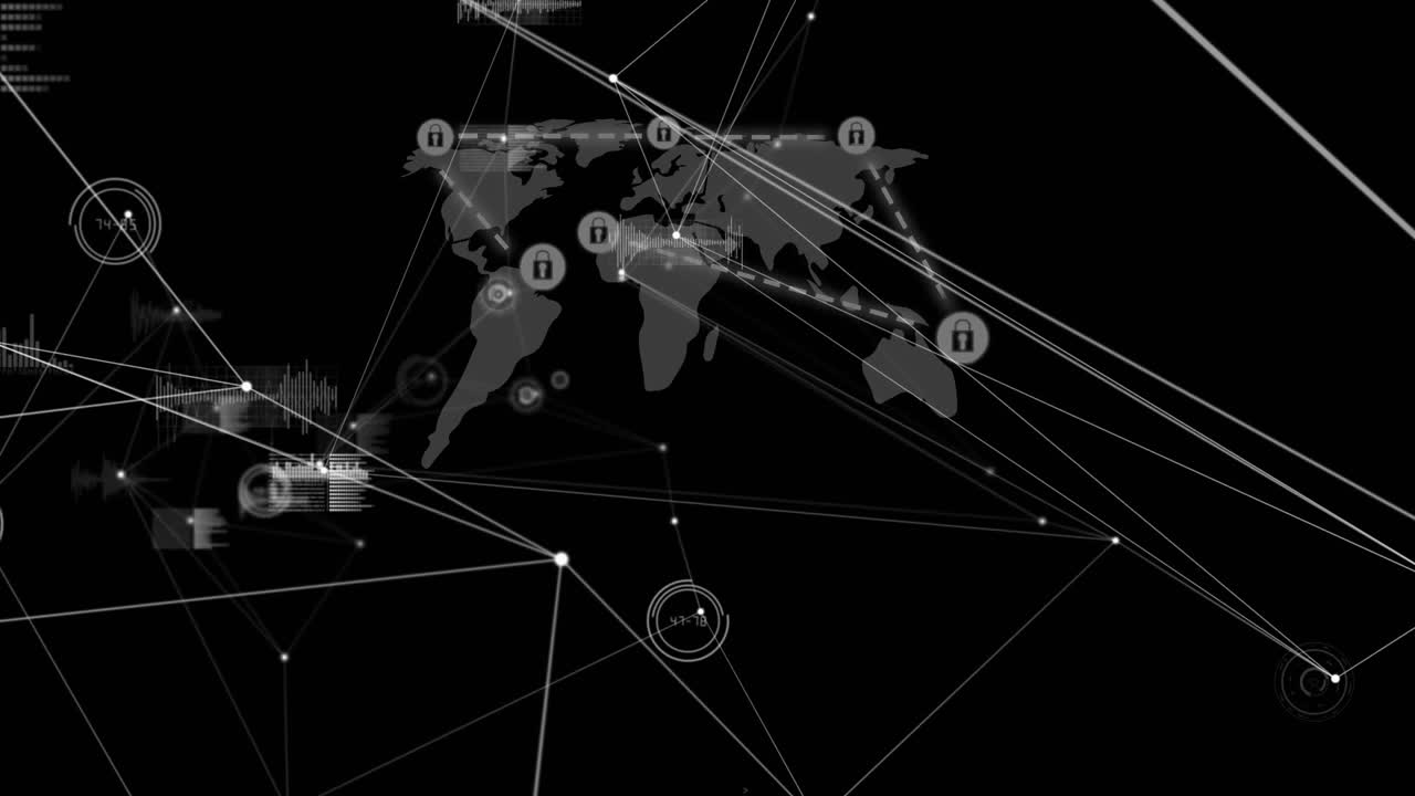 Network of connections over network of security padlock icons against world map on black background