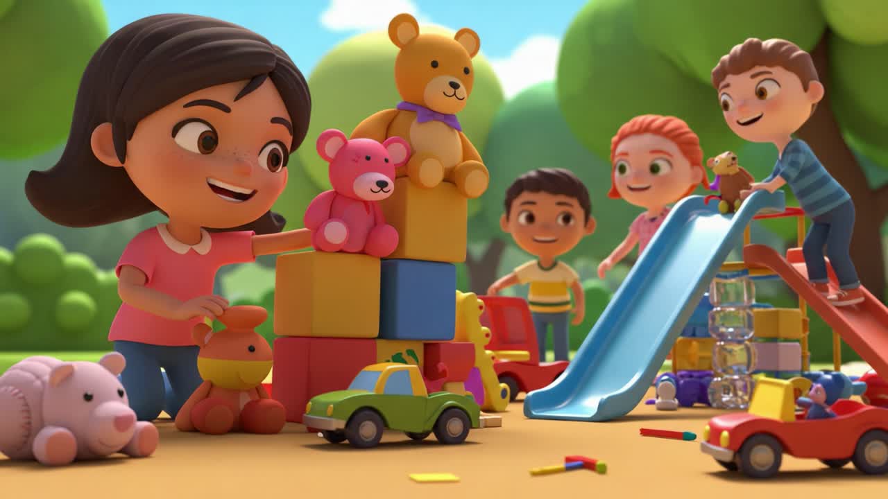 A Delightful Playtime Scene with Children Building with Colorful Toys, Including Building Blocks and Stuffed Animals, in a Joyful Outdoor Environment