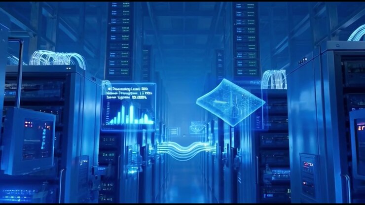 Data Center Servers with Glowing Fiber Optic Cables and Digital Analytics
