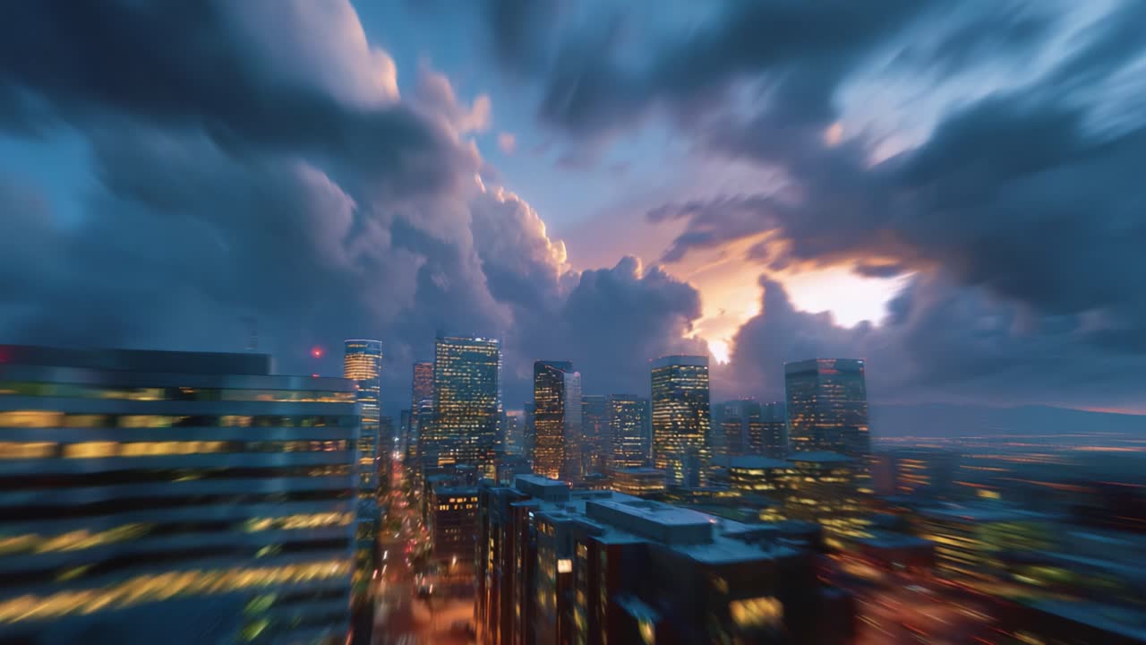 Dramatic Urban Skyline Transition from Day to Night: Vibrant City Lights Illuminate Skyscrapers Beneath Stormy Clouds at Dusk and Nightfall