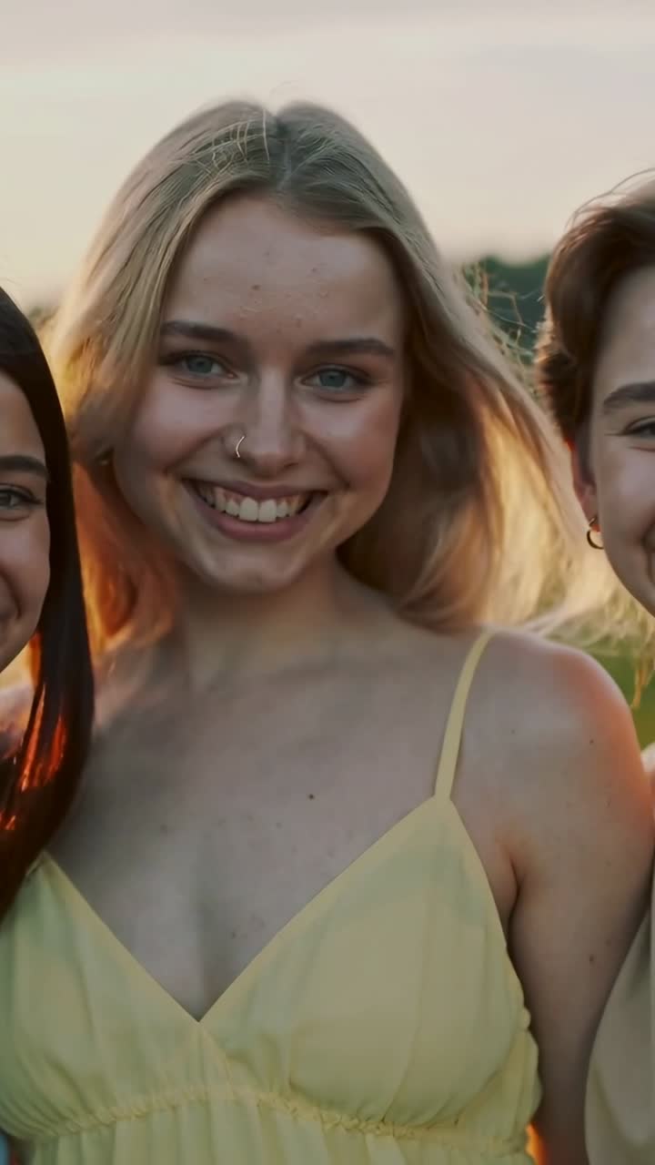 Vídeo vertical: Câmera clicando, mulher central virando e sorrindo no campo, vestido amarelo, posando