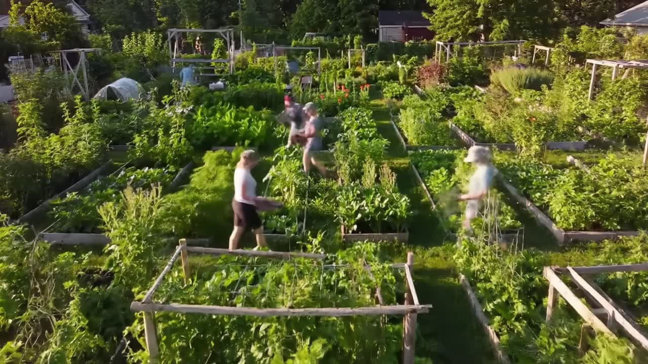 Vibrant Community Garden: A Peaceful Collaboration in Nature with People Cultivating Lush Vegetables and Herbs Amidst a Flourishing Ecosystem