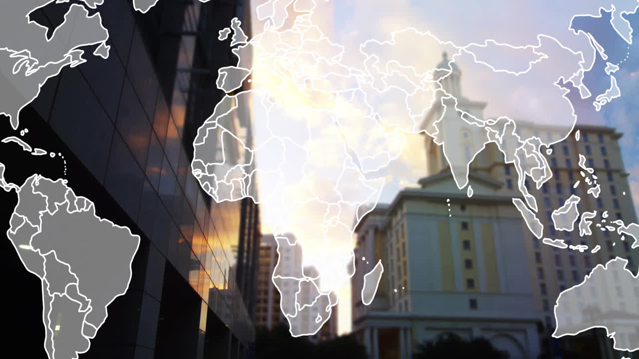Animating world map over urban cityscape with modern buildings in background