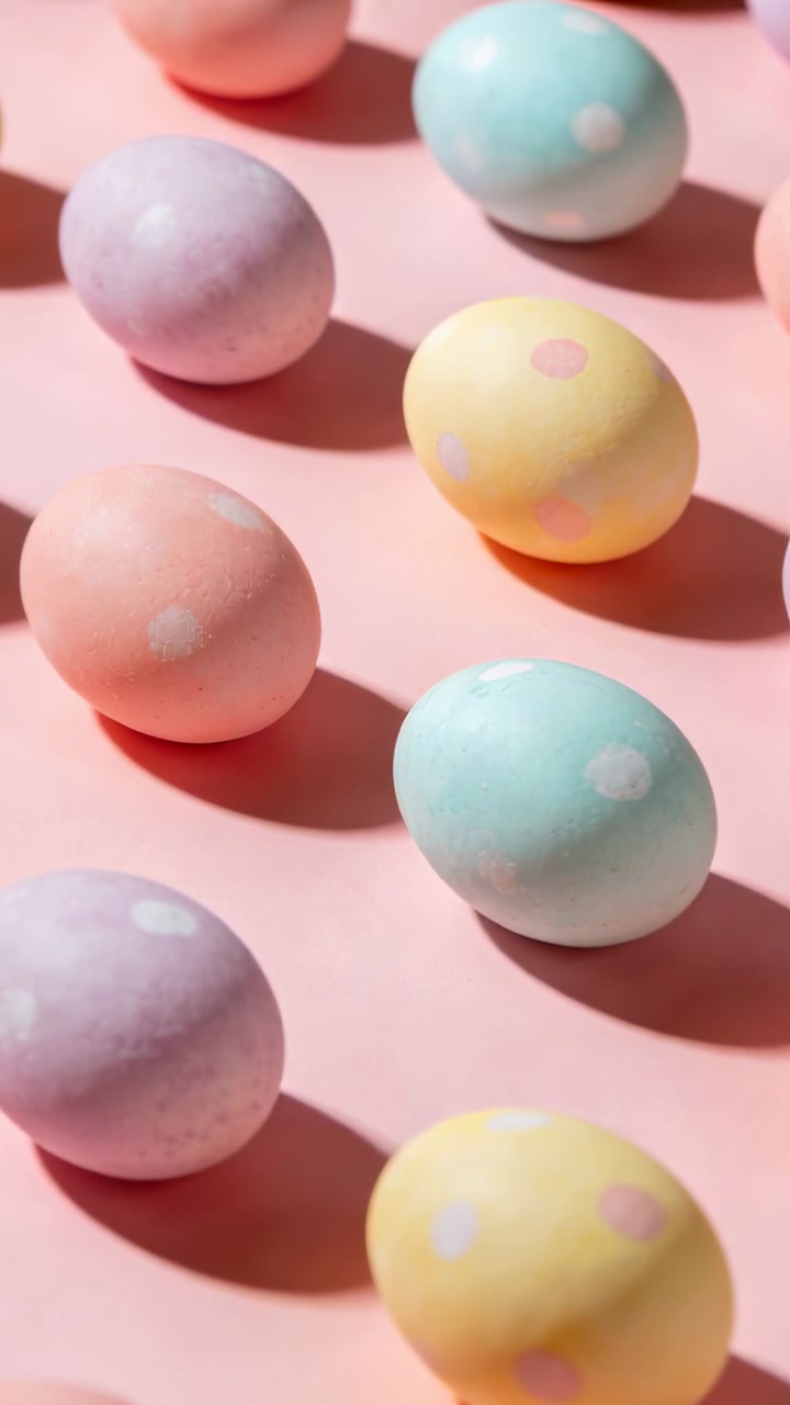 Vertical video: Camera shifting upward, framing pastel dotted eggs with shadows on pink for product