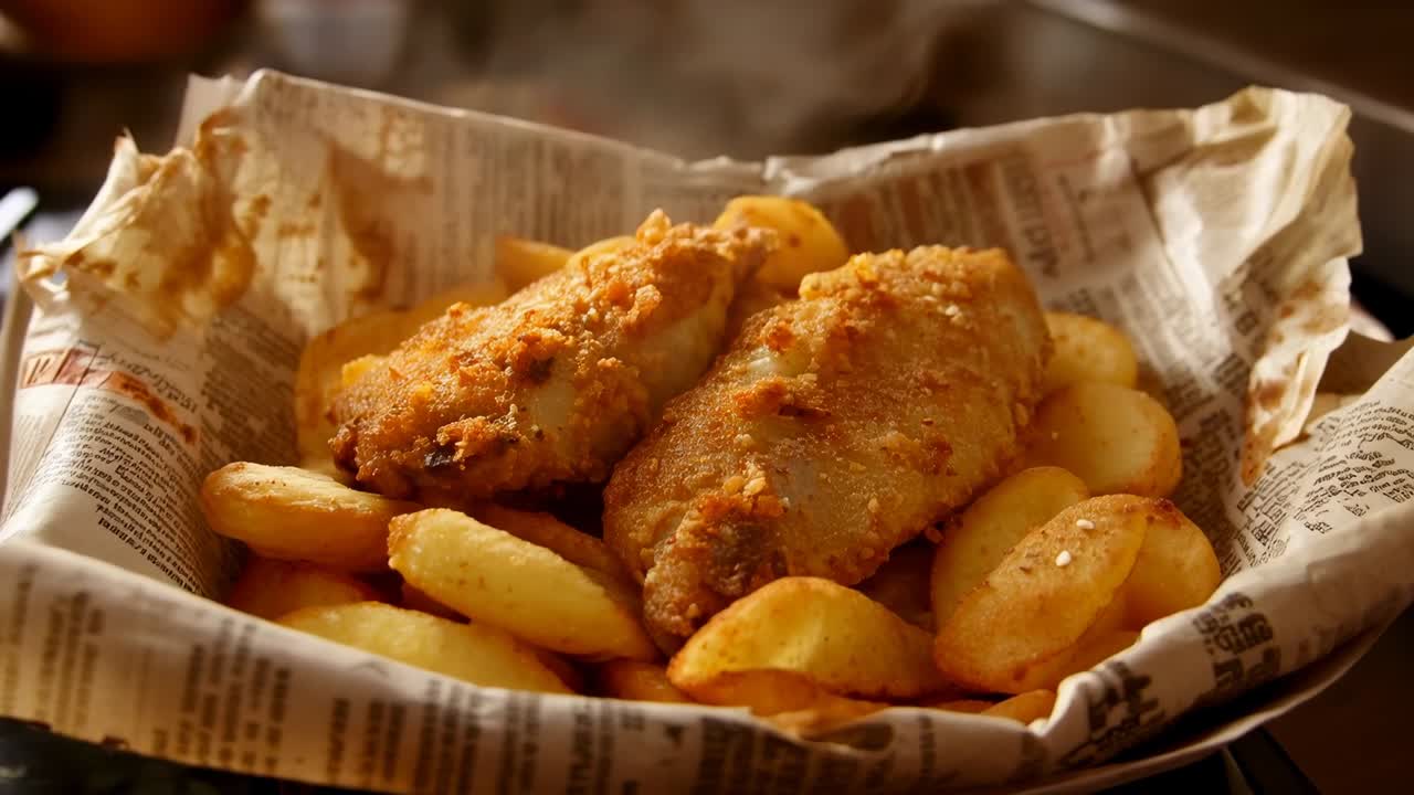 Camera in movimento che si avvicina a un cesto da cucina di carta, mostrando filetti impanati e fette di patate al vapore