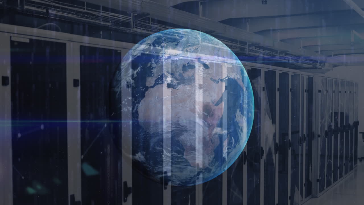 Animation of globe, blue light trails and plexus networks against computer server room