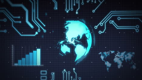 animation of scope scanning, processor elements, globe and data processing over grid