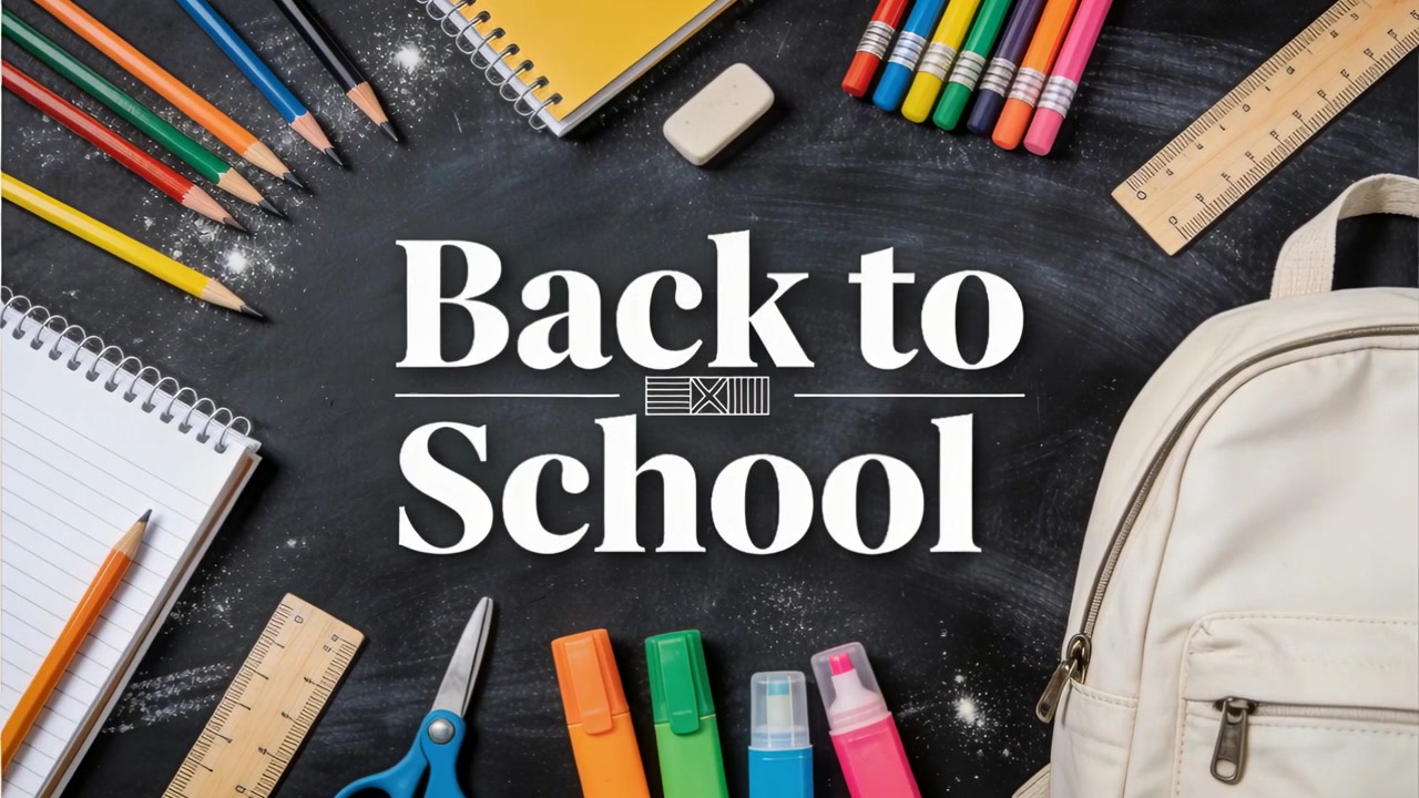 Showing Back to School title tightening with subtle zoom on chalkboard for promo, backpack