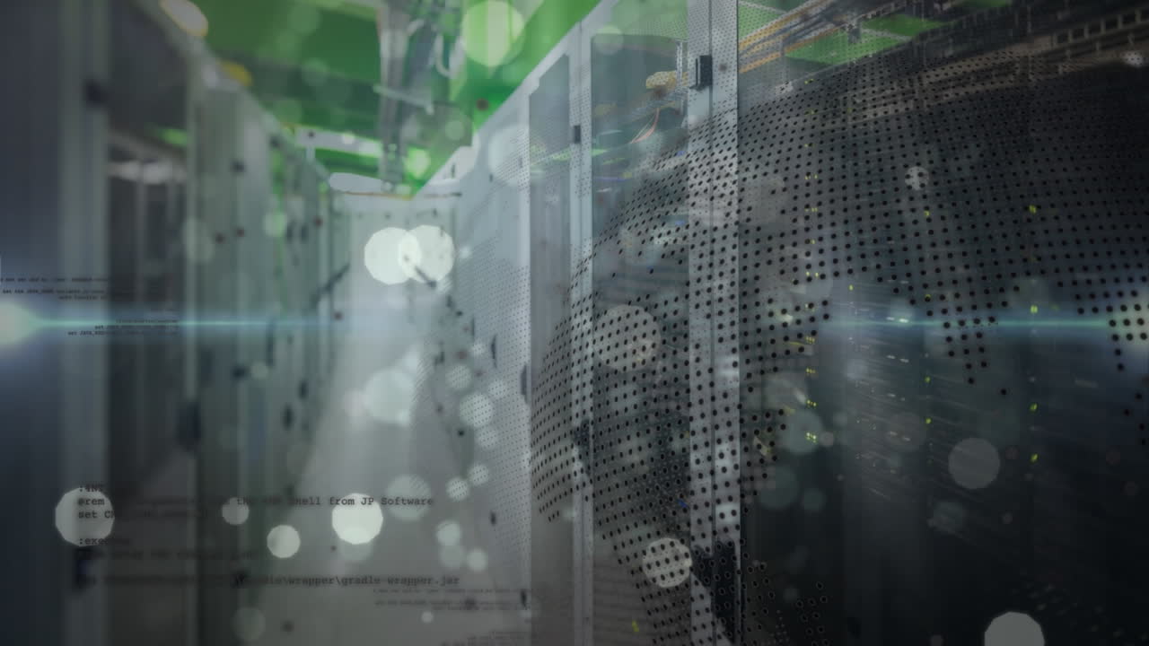 Animation of lens flares, rotating globe and computer language over server room