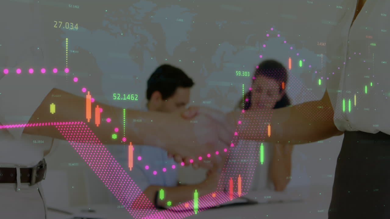 회의에서 손을  ⁇ 는 사업가들에 대한 통계 및 금융 데이터 처리의 애니메이션