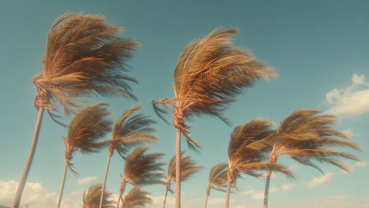 Rustling palm tree cluster bending under steady wind rising at seashore, with drifting clouds
