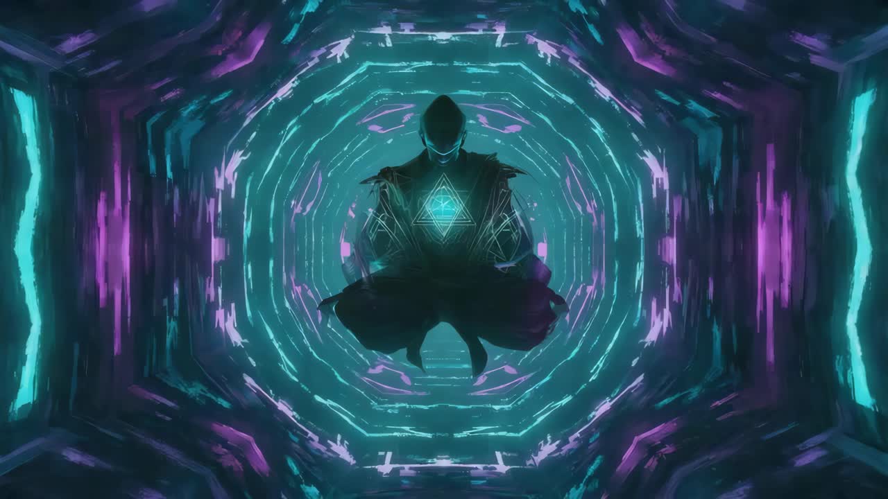 Abstract Meditative Figure in Neon Geometric Tunnel