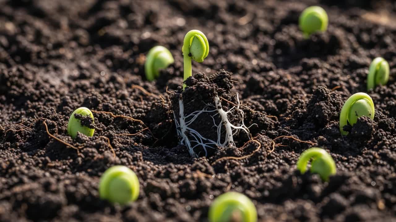 Young Green Sprouts Growing in Dark Soil