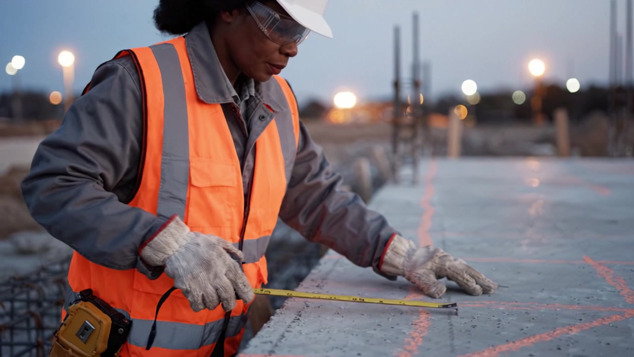 Female construction worker in a safety helmet and vest measures concrete dimensions on a construction site during twilight, showcasing diligence and professionalism.