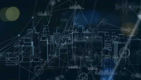 Animation-of-bar-graph-connecting-dots-against-3d-urban-financial-city-on-digital-interface