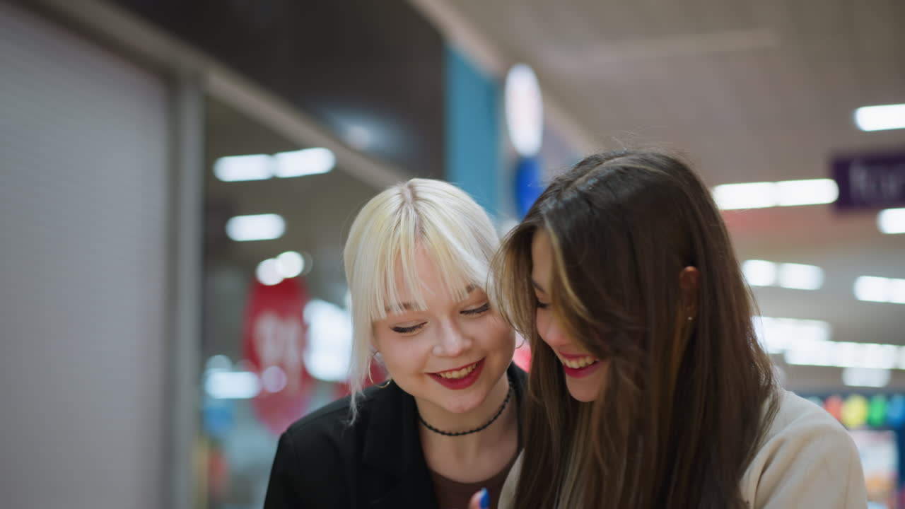 Two girls closely look at phone inside shopping mall, smiling and focused on screen, enjoying moment together under bright ceiling lights with blurred retail background