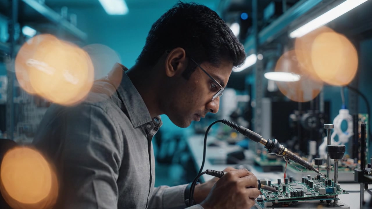 An engineer meticulously works on a circuit board, soldering components in a modern lab filled with advanced technology and tools for electronic development.