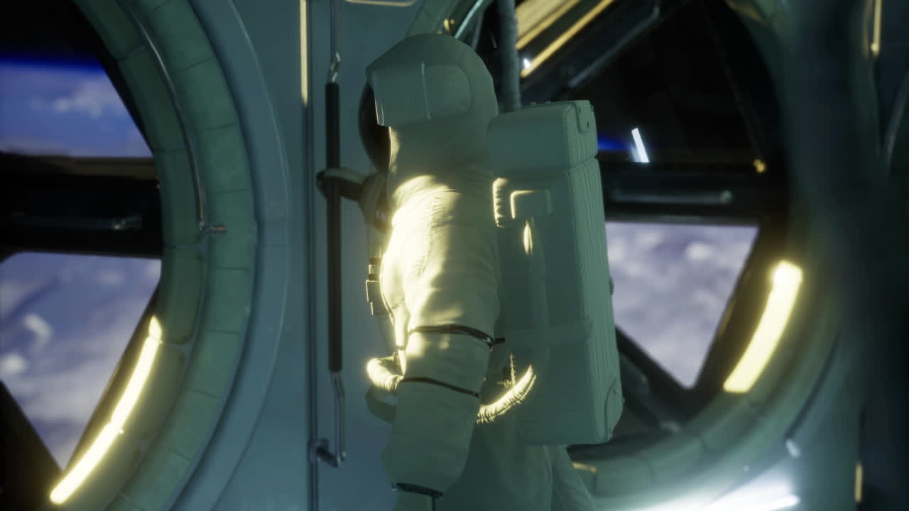 Astronauta esplora l'interno di una stazione spaziale con vista sulla Terra
