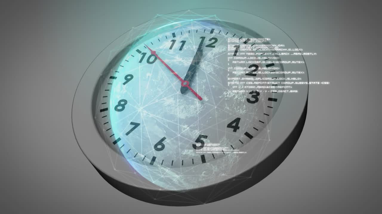On start red hand sweeping upward, globe overlay growing, code flickering showing time data