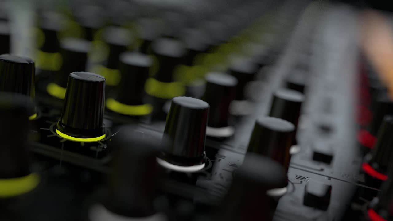Close-up de uma Mesa de Mixagem de Áudio com Botões e Faders Luminosos