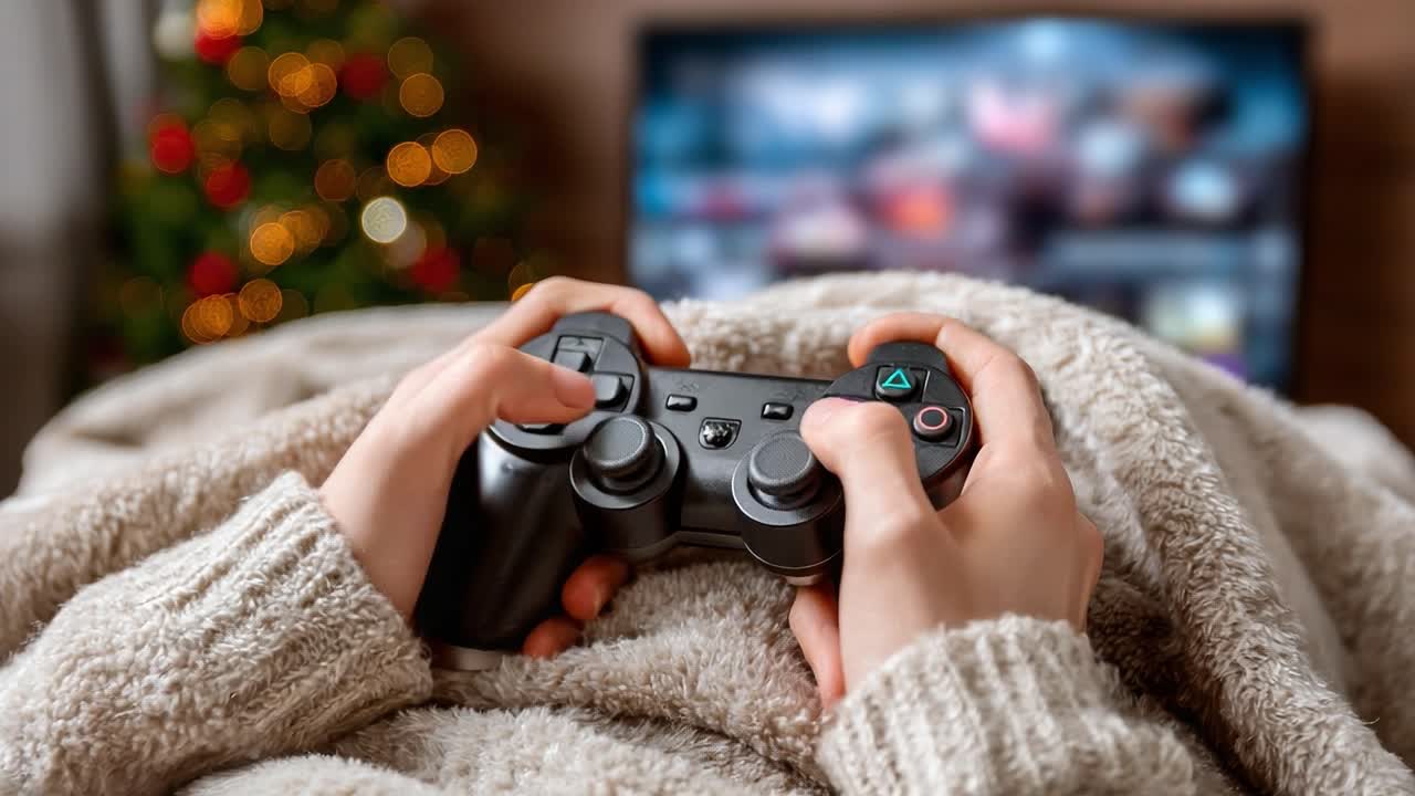 Cozy Gaming Experience: Engaging Gameplay in a Comfortable Setting with Warm Blanket and Television Displaying Vivid Images, Perfect for Relaxation and Entertainment