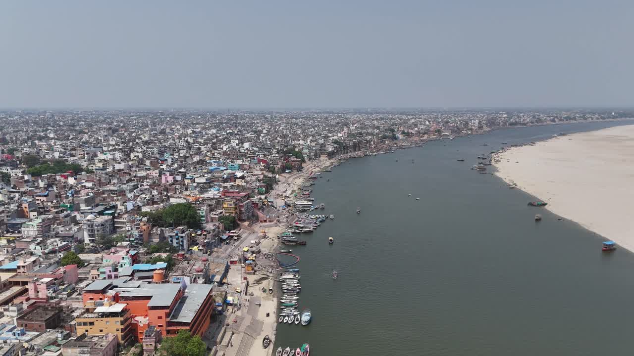 Elevated view of iconic ghats and temples in Varanasi city near Ganga river