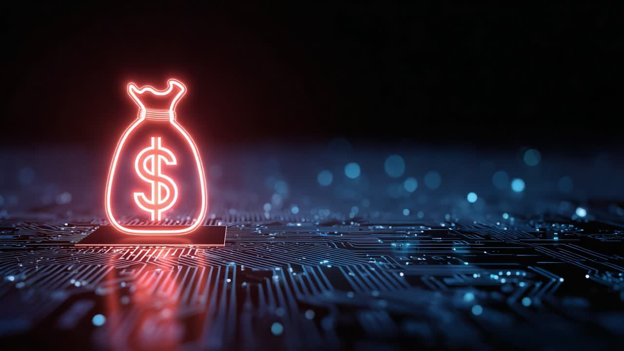 Illuminated dollar bag icon against a dark circuit board background symbolizes digital currency and financial technology advancements in a modern economy