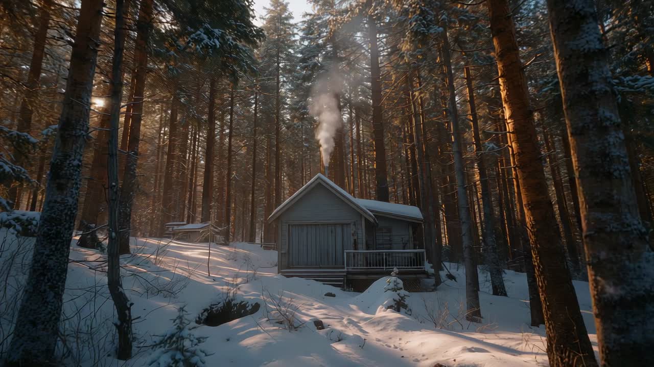 Rising smoke plume from wooden cabin chimney, drifting right as sun rising in snowy pine forest