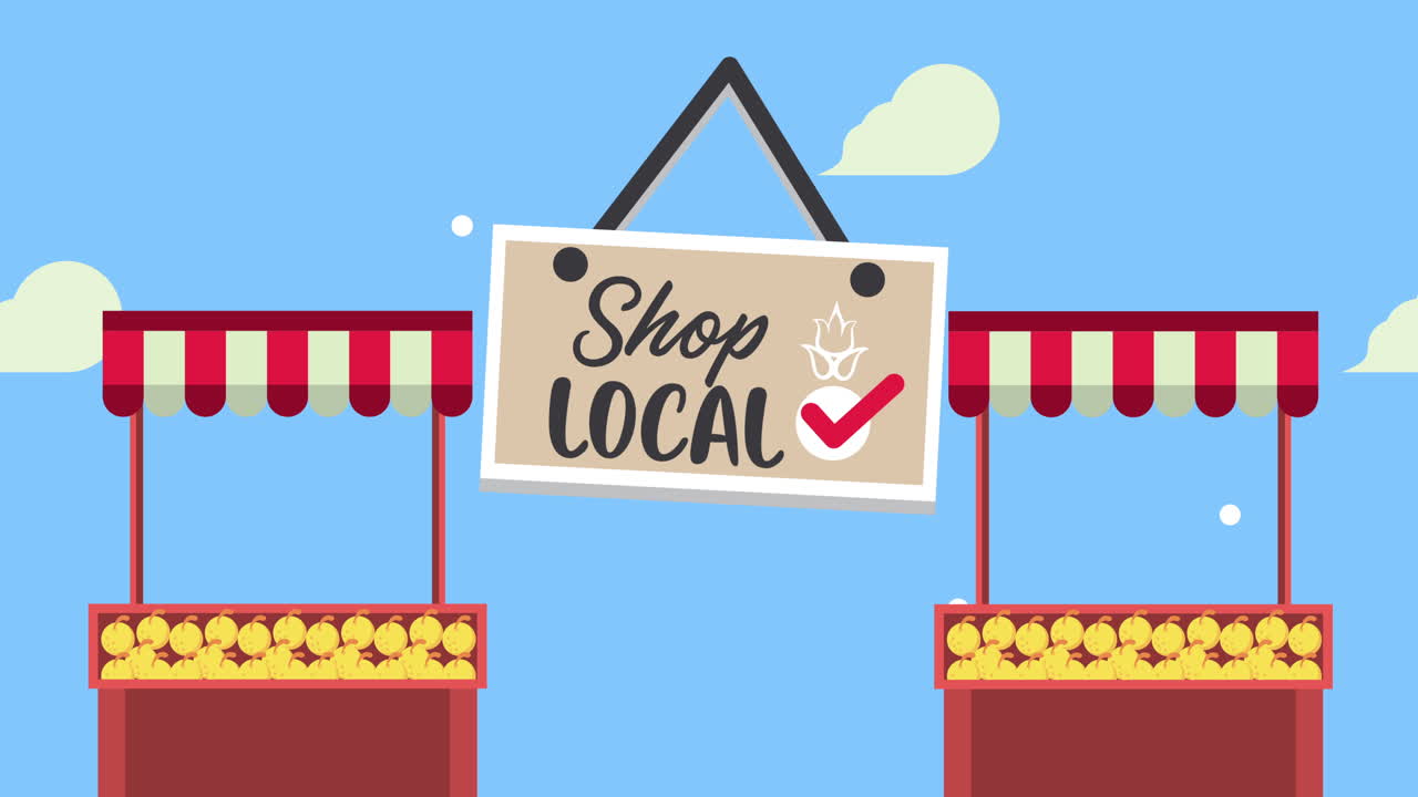 지역 상점 라벨에 글자를 붙이고 키오스크에 매달립니다.