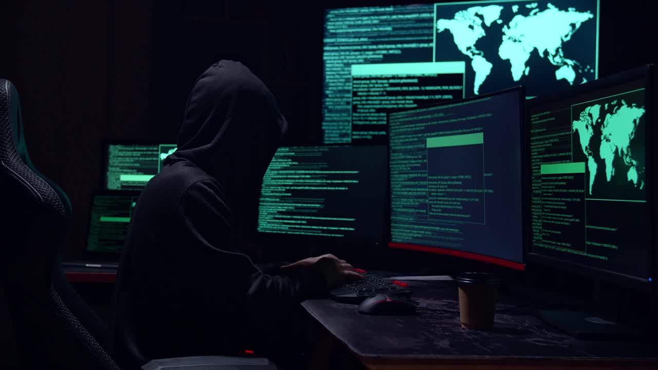 Male Hacker Hacking With Multiple Computer Screens In Dark Room