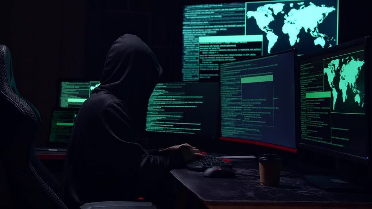 Hacker maschio che hackera con più schermi di computer in una stanza buia