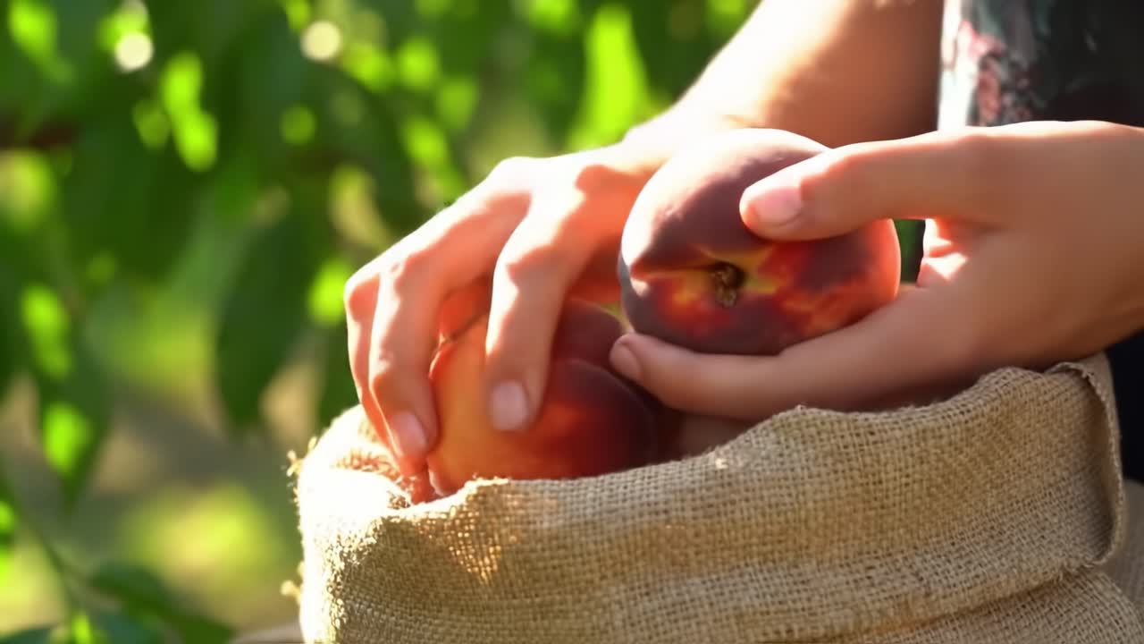Gathering Fresh Peaches: A Person's Hands Skillfully Picking Juicy Fruits from a Burlap Bag Surrounded by Lush Greenery on a Sunny Day
