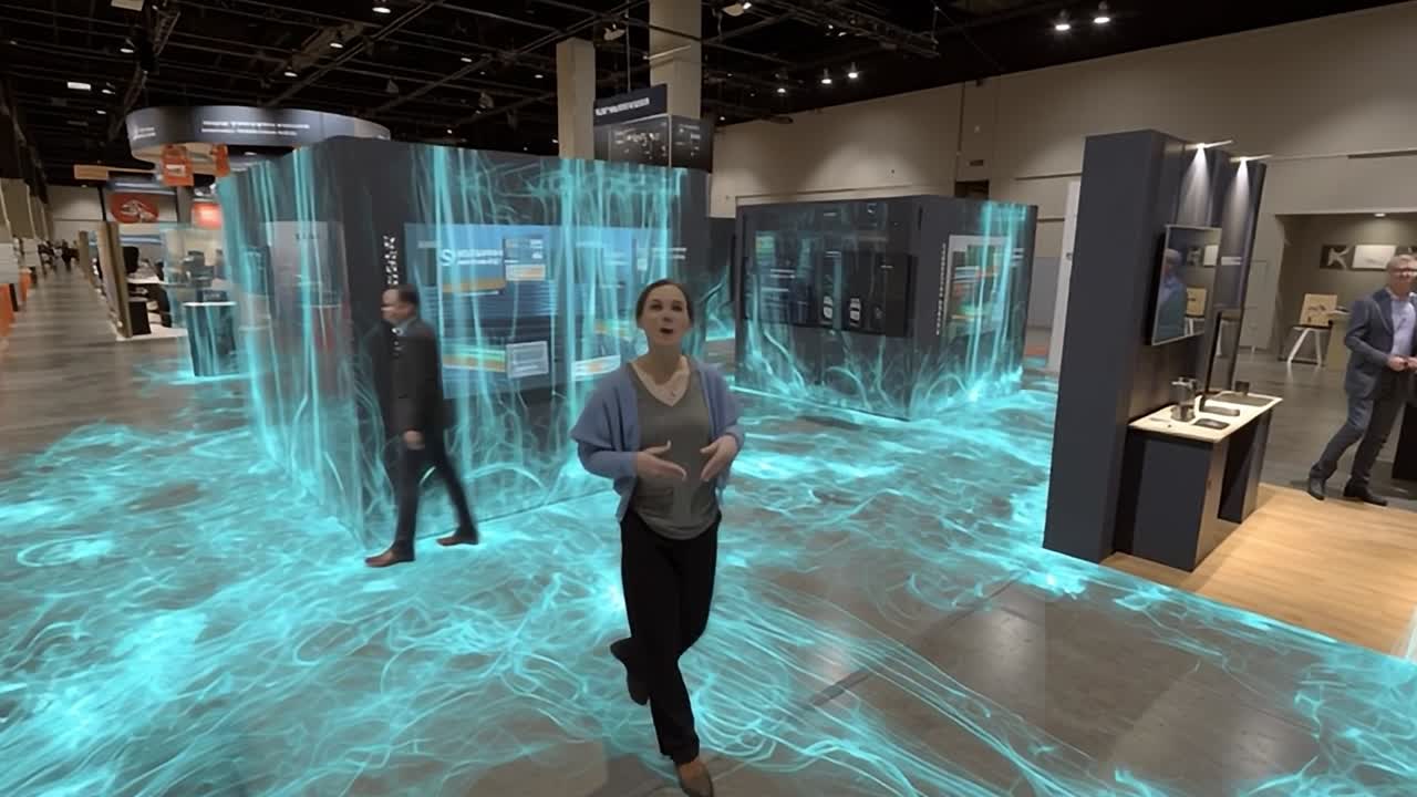 Visitatori esplorano una mostra di tecnologia con display immersivi