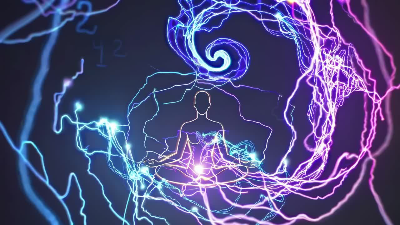 Abstract video of a meditative figure surrounded by swirling neon lights, viewed from a front angle
