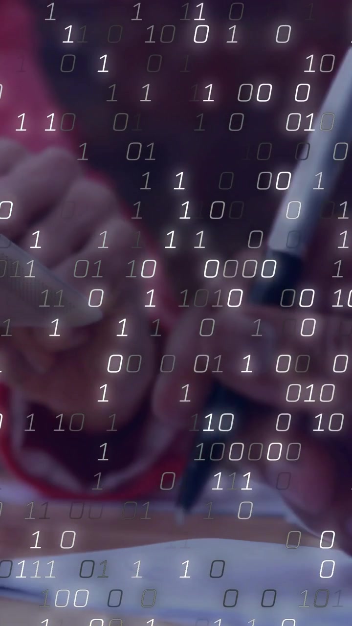 Vertical video: Holder in pink showing tablet, binary growing while writer entering, taking notes