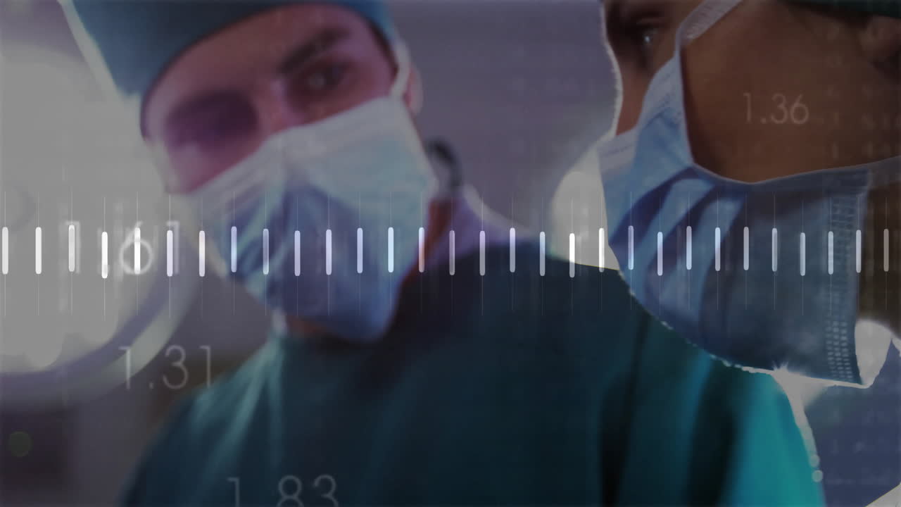 Medical professionals in surgical attire with measurement scale overlay animation