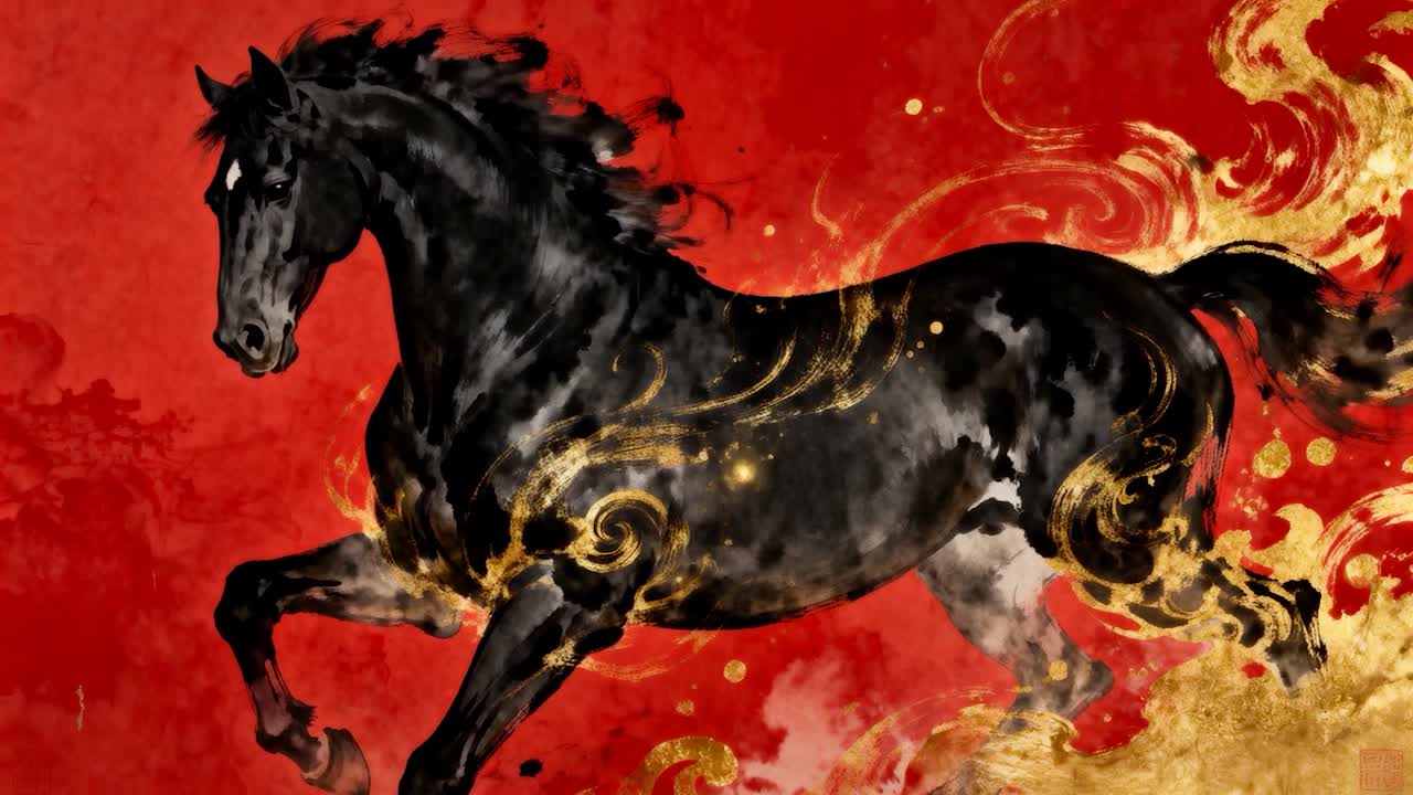 Cavallo nero al galoppo, vortici dorati che iniziano e si staccano posteriormente in un pennacchio dorato su sfondo rosso