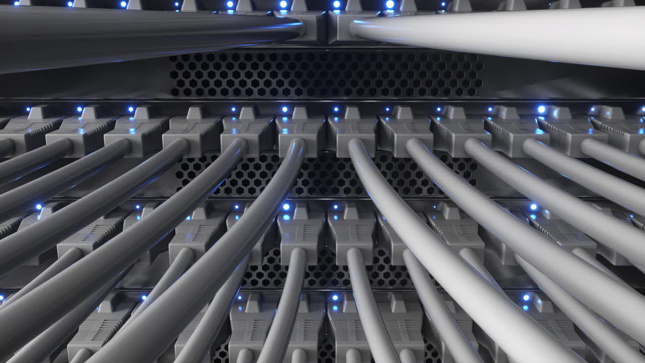 vista de cerca del conmutador de red de internet con cables ethernet blancos conectados