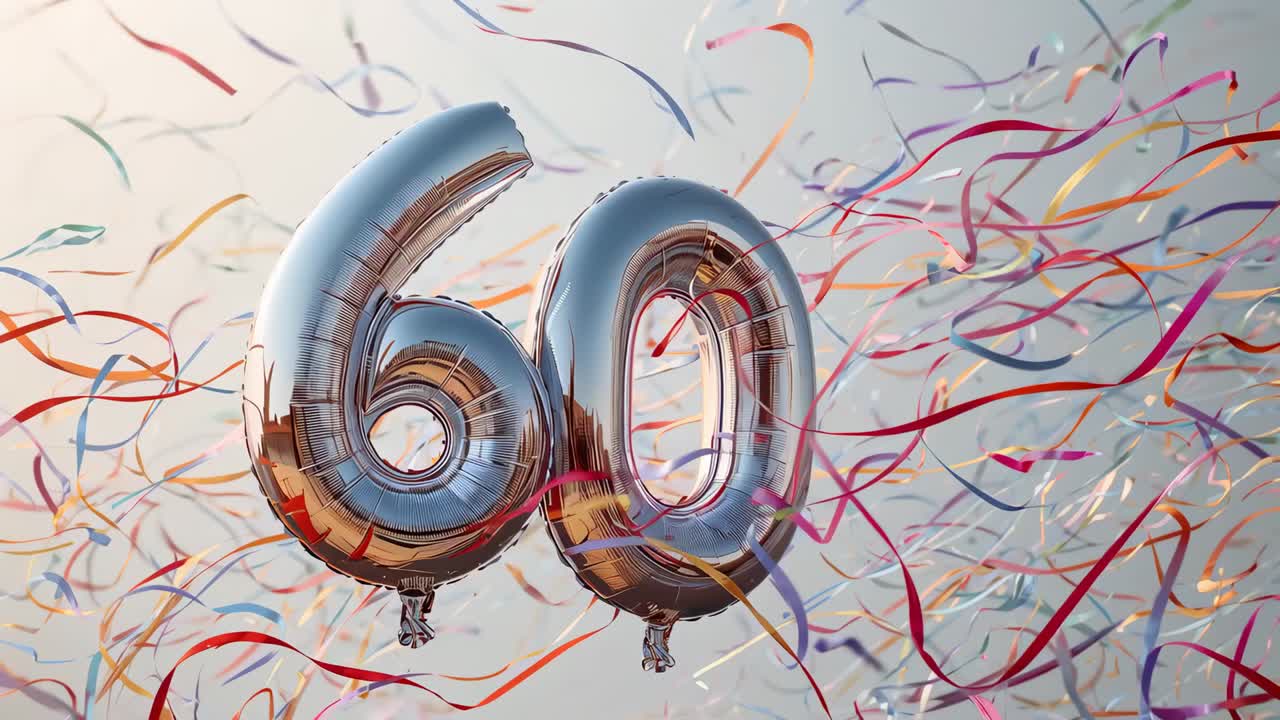 Drifting silver foil 60 balloons rising, rotating in studio as ribbons sweep, marking milestone
